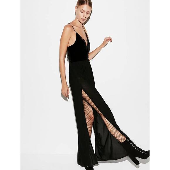 Express Dress Maxi Thigh Slit Lace Holiday Party Wedding Guest Witchy Goth NYE - Picture 2 of 16